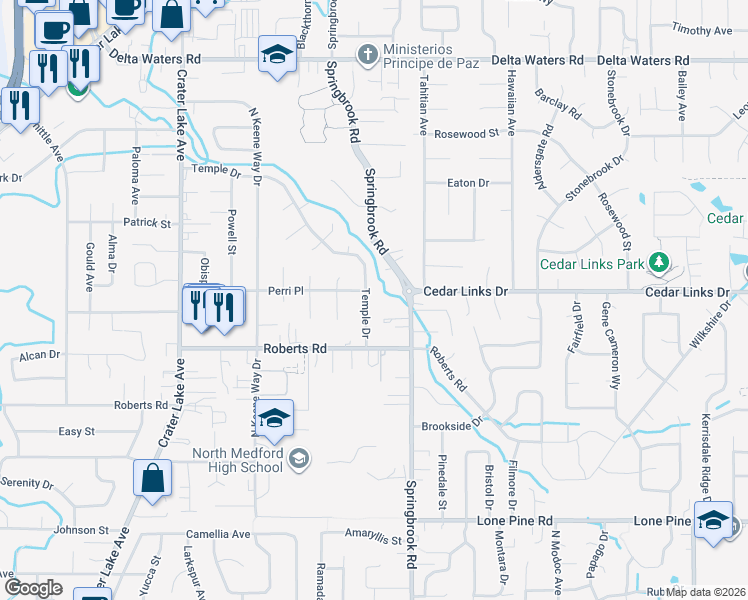 map of restaurants, bars, coffee shops, grocery stores, and more near 2423 Temple Drive in Medford