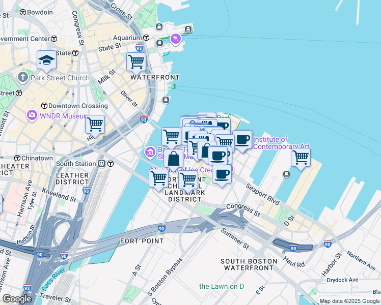 map of restaurants, bars, coffee shops, grocery stores, and more near 64 Seaport Boulevard in Boston