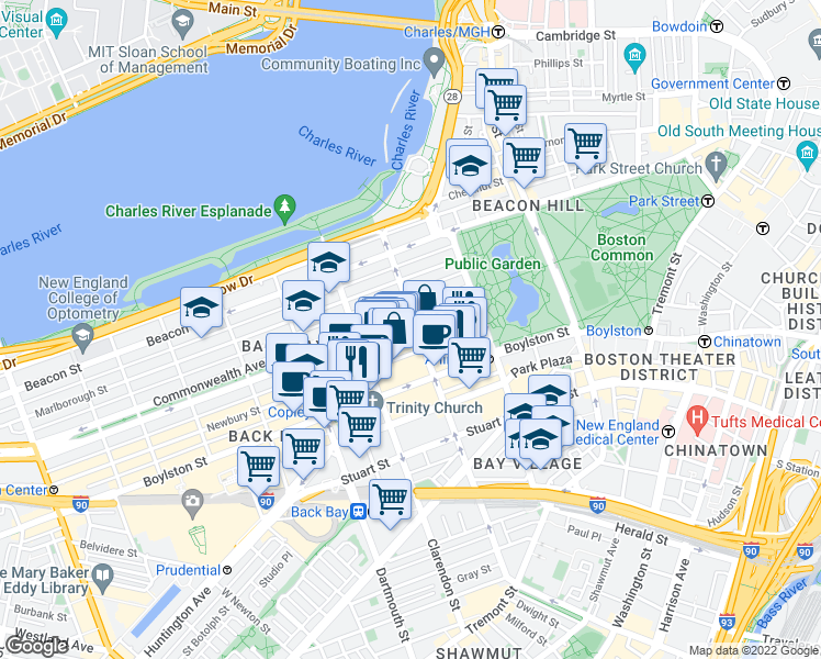 map of restaurants, bars, coffee shops, grocery stores, and more near in Boston
