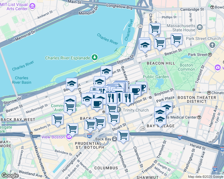 map of restaurants, bars, coffee shops, grocery stores, and more near in Boston