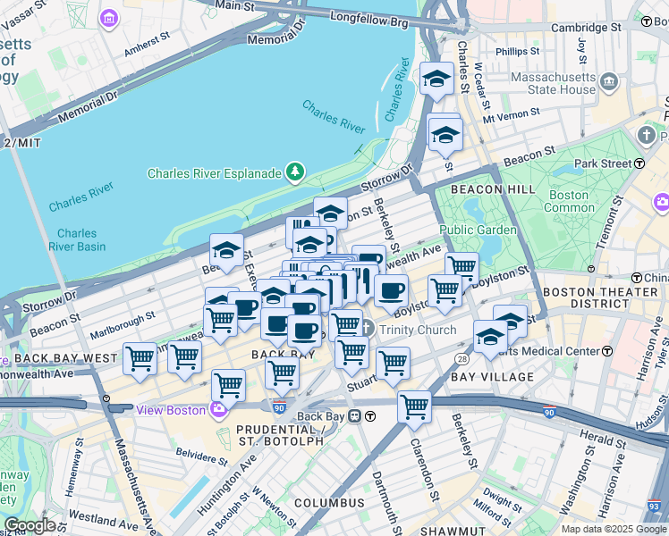 map of restaurants, bars, coffee shops, grocery stores, and more near 123 Commonwealth Avenue in Boston