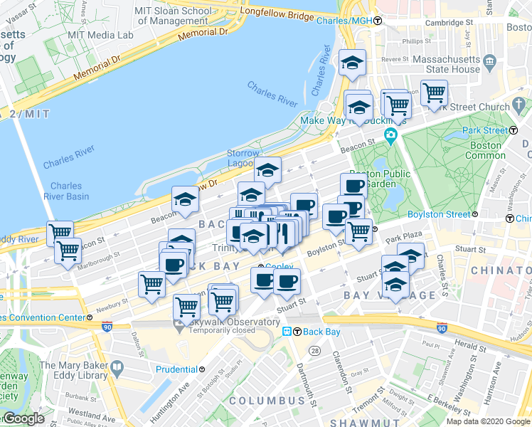 map of restaurants, bars, coffee shops, grocery stores, and more near 123 Commonwealth Avenue in Boston