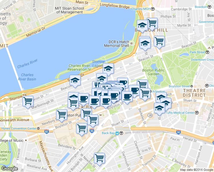 map of restaurants, bars, coffee shops, grocery stores, and more near 123 Commonwealth Avenue in Boston