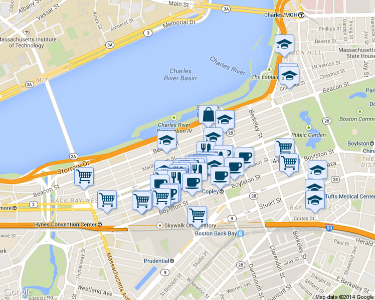 map of restaurants, bars, coffee shops, grocery stores, and more near 193 Marlborough Street in Boston