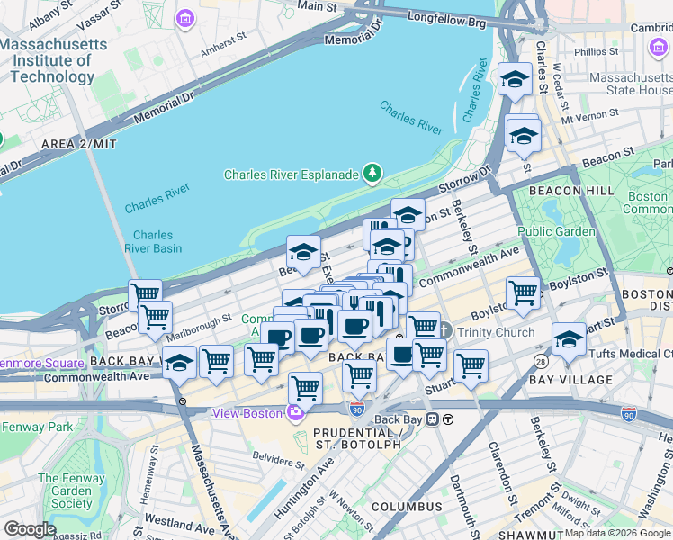 map of restaurants, bars, coffee shops, grocery stores, and more near 193 Marlborough Street in Boston