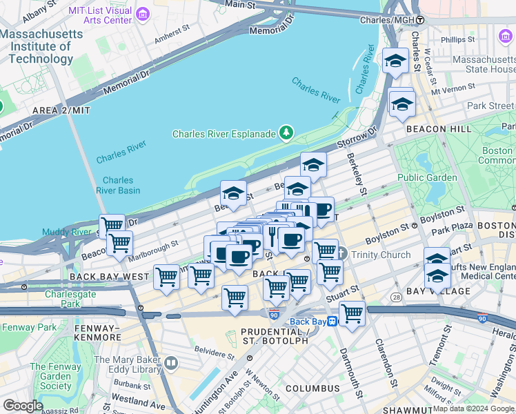 map of restaurants, bars, coffee shops, grocery stores, and more near 195 Marlborough Street in Boston