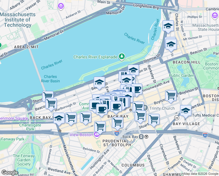 map of restaurants, bars, coffee shops, grocery stores, and more near 193 Marlborough Street in Boston
