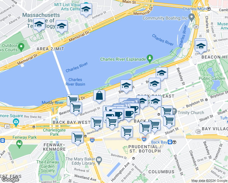 map of restaurants, bars, coffee shops, grocery stores, and more near 10 Fairfield Street in Boston