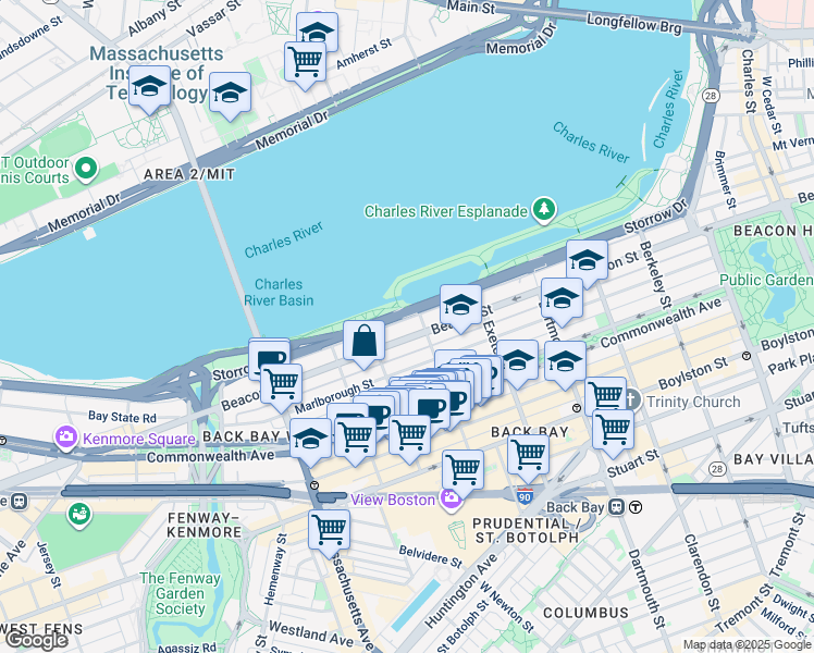 map of restaurants, bars, coffee shops, grocery stores, and more near 370 Beacon Street in Boston