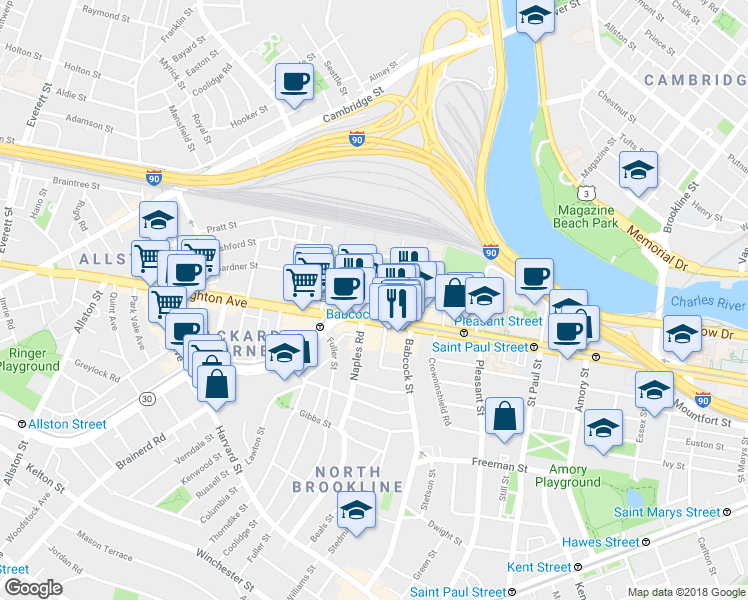 map of restaurants, bars, coffee shops, grocery stores, and more near 1047 Commonwealth Avenue in Boston