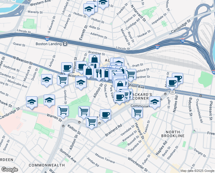 map of restaurants, bars, coffee shops, grocery stores, and more near 21 Quint Avenue in Boston