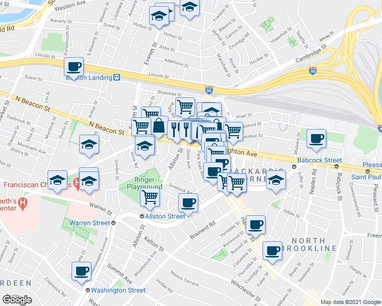 map of restaurants, bars, coffee shops, grocery stores, and more near 21 Quint Avenue in Boston