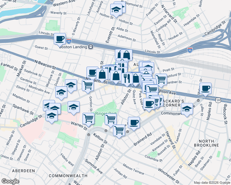 map of restaurants, bars, coffee shops, grocery stores, and more near 21-23 Higgins Street in Boston