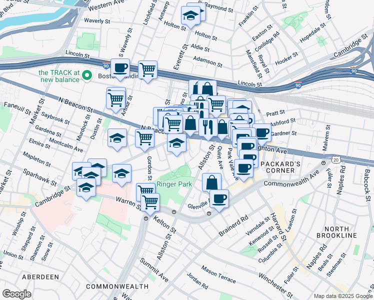 map of restaurants, bars, coffee shops, grocery stores, and more near 1 Islington Street in Boston
