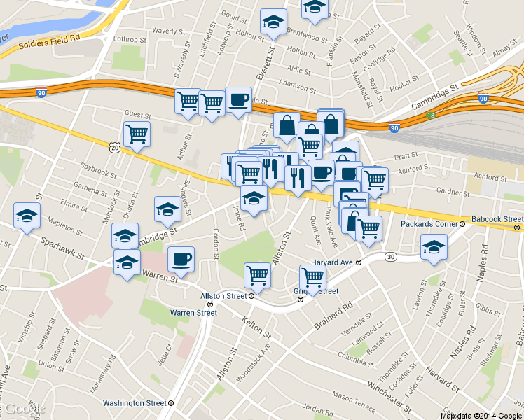 map of restaurants, bars, coffee shops, grocery stores, and more near 1 Islington Street in Boston