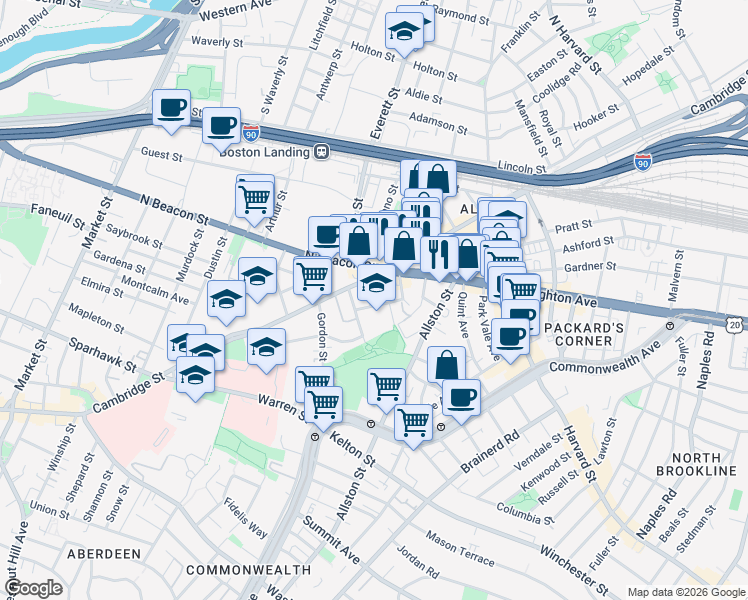 map of restaurants, bars, coffee shops, grocery stores, and more near 1 Islington Street in Boston