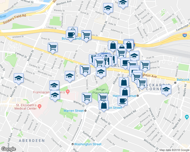 map of restaurants, bars, coffee shops, grocery stores, and more near 4 Imrie Road in Boston