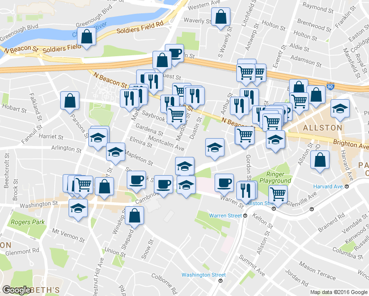 map of restaurants, bars, coffee shops, grocery stores, and more near 59 Dustin Street in Boston