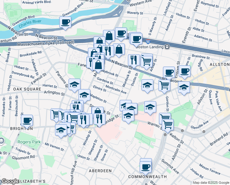 map of restaurants, bars, coffee shops, grocery stores, and more near 96 Etna Street in Boston