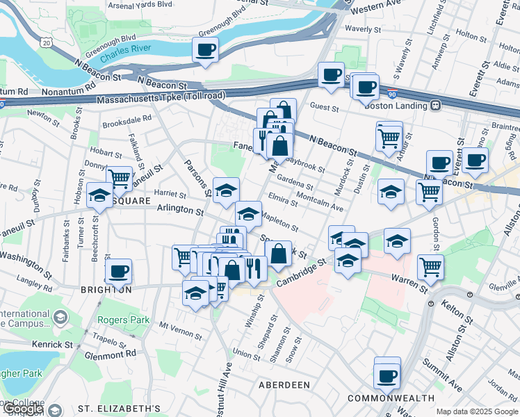 map of restaurants, bars, coffee shops, grocery stores, and more near in Boston