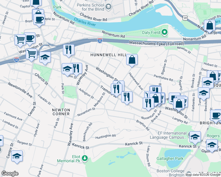 map of restaurants, bars, coffee shops, grocery stores, and more near 30 Playstead Road in Newton