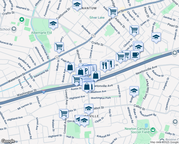 map of restaurants, bars, coffee shops, grocery stores, and more near in Newton