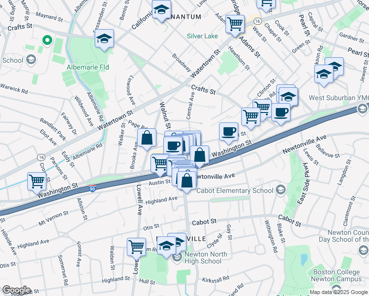 map of restaurants, bars, coffee shops, grocery stores, and more near in Newton