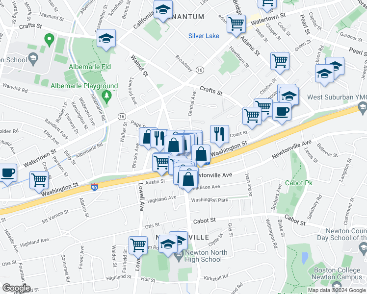 map of restaurants, bars, coffee shops, grocery stores, and more near in Newton
