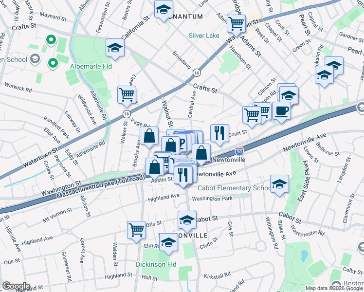 map of restaurants, bars, coffee shops, grocery stores, and more near 227 Walnut Street in Newton