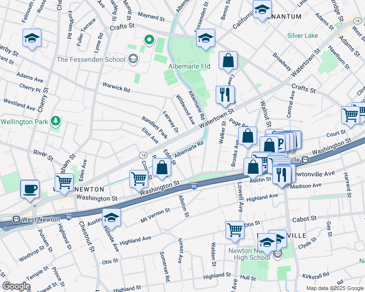 map of restaurants, bars, coffee shops, grocery stores, and more near in Newton
