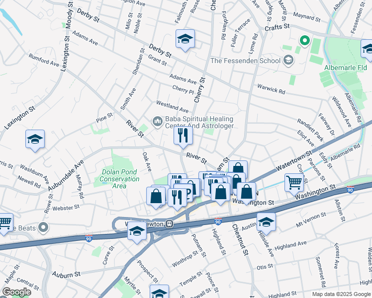 map of restaurants, bars, coffee shops, grocery stores, and more near in Newton