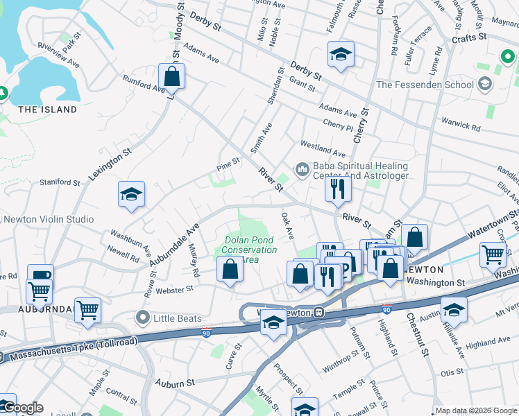 map of restaurants, bars, coffee shops, grocery stores, and more near 38 Auburndale Avenue in Newton
