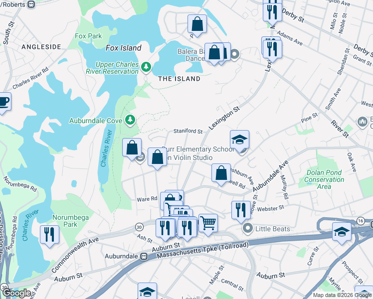 map of restaurants, bars, coffee shops, grocery stores, and more near 39 Freeman Street in Newton