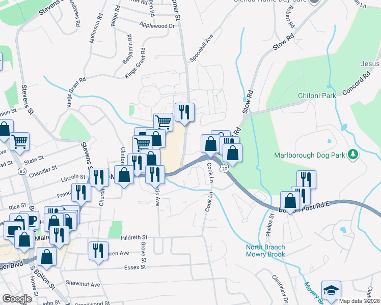 map of restaurants, bars, coffee shops, grocery stores, and more near 328 East Main Street in Marlborough