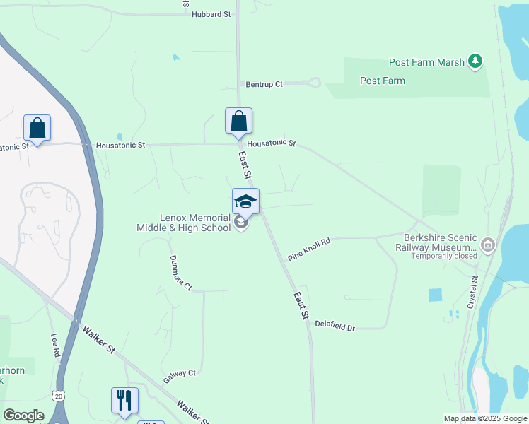 map of restaurants, bars, coffee shops, grocery stores, and more near 161 East St in Lenox