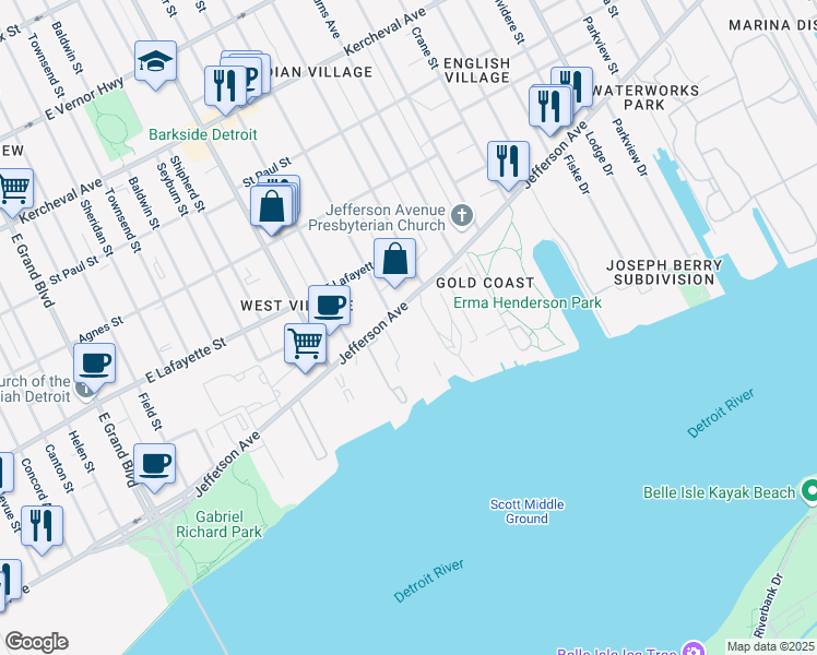 map of restaurants, bars, coffee shops, grocery stores, and more near 8250 East Jefferson Avenue in Detroit