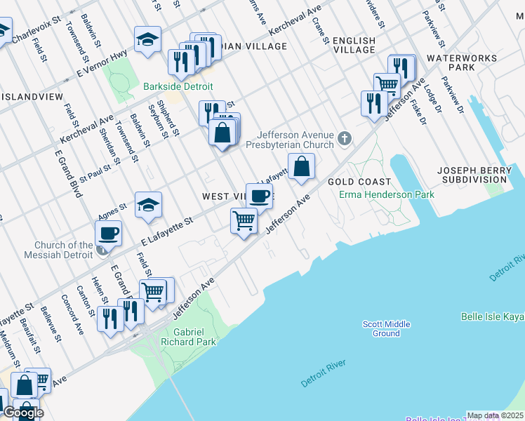 map of restaurants, bars, coffee shops, grocery stores, and more near 8045 East Jefferson Avenue in Detroit