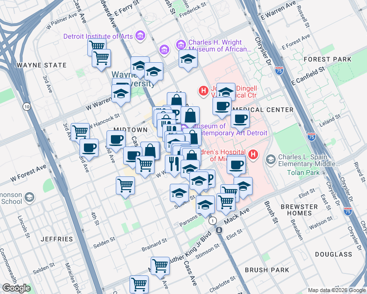 map of restaurants, bars, coffee shops, grocery stores, and more near 4250 Woodward Avenue in Detroit