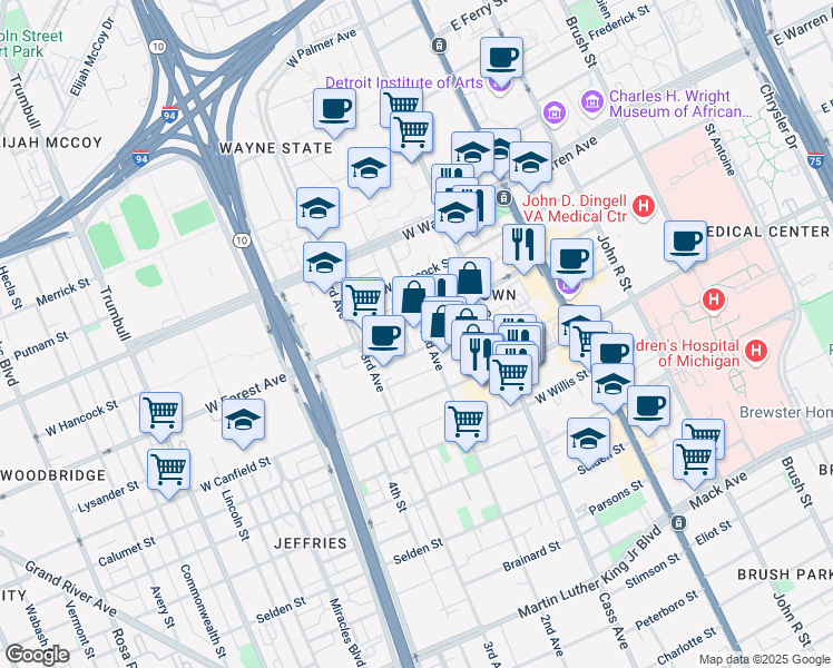 map of restaurants, bars, coffee shops, grocery stores, and more near 4606 2nd Avenue in Detroit