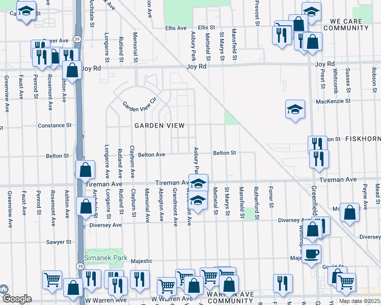 map of restaurants, bars, coffee shops, grocery stores, and more near 16428 Belton Street in Detroit