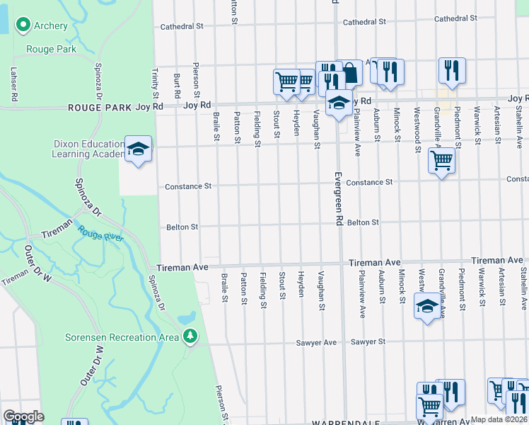 map of restaurants, bars, coffee shops, grocery stores, and more near 8221 Fielding Street in Detroit