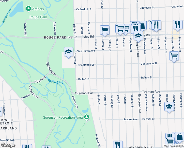 map of restaurants, bars, coffee shops, grocery stores, and more near 8228 Pierson Street in Detroit