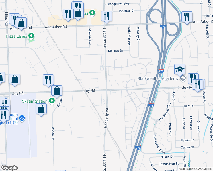 map of restaurants, bars, coffee shops, grocery stores, and more near 8801 North Haggerty Road in Plymouth