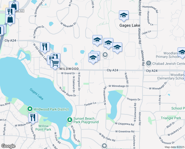 map of restaurants, bars, coffee shops, grocery stores, and more near 33715 North Royal Oak Lane in Grayslake