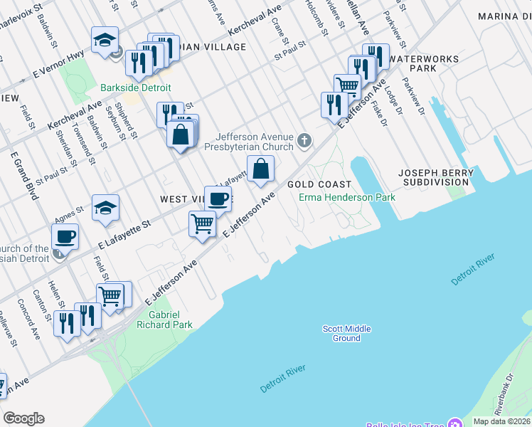 map of restaurants, bars, coffee shops, grocery stores, and more near 8250 East Jefferson Avenue in Detroit