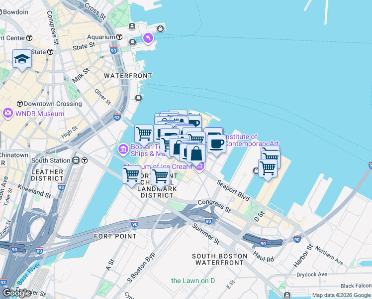 map of restaurants, bars, coffee shops, grocery stores, and more near 65 Northern Avenue in Boston