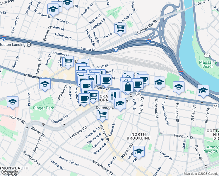 map of restaurants, bars, coffee shops, grocery stores, and more near 66 Brighton Avenue in Boston