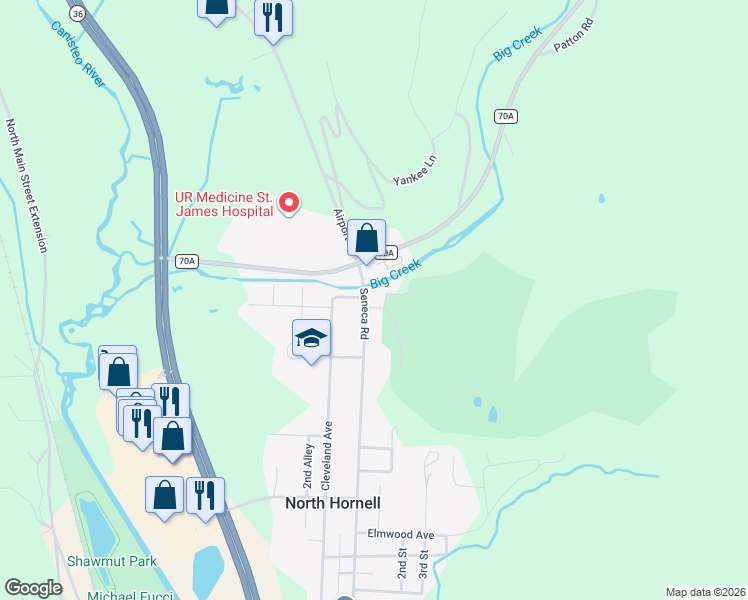 map of restaurants, bars, coffee shops, grocery stores, and more near 475 Seneca Road in Hornell