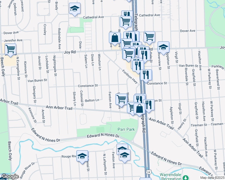 map of restaurants, bars, coffee shops, grocery stores, and more near 8298 Fenton Street in Dearborn Heights