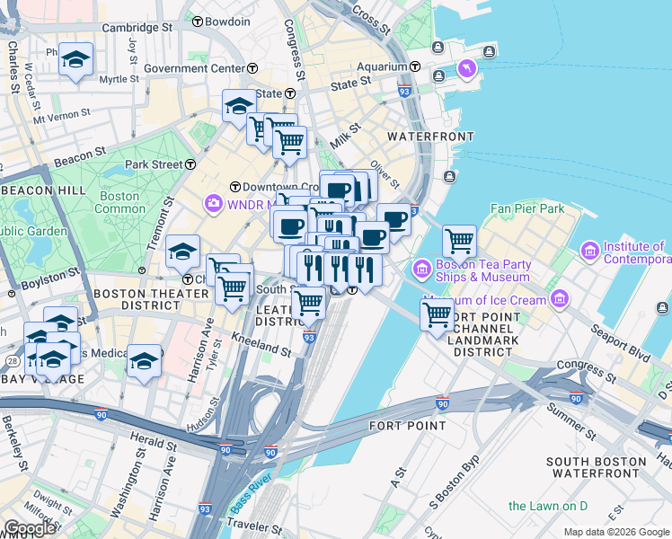 map of restaurants, bars, coffee shops, grocery stores, and more near 182 Summer Street in Boston